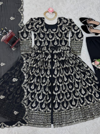 Black Elegant Faux Georgette Embroidered Suit with Micro Cotton Pant