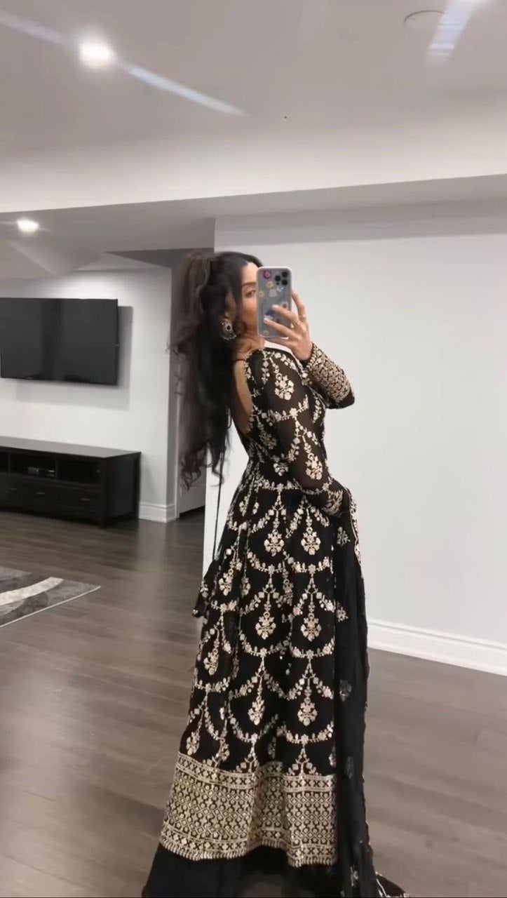 Black Elegant Faux Georgette Embroidered Suit with Micro Cotton Pant