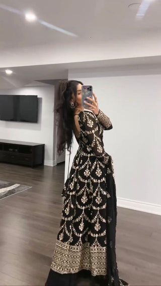Black Elegant Faux Georgette Embroidered Suit with Micro Cotton Pant