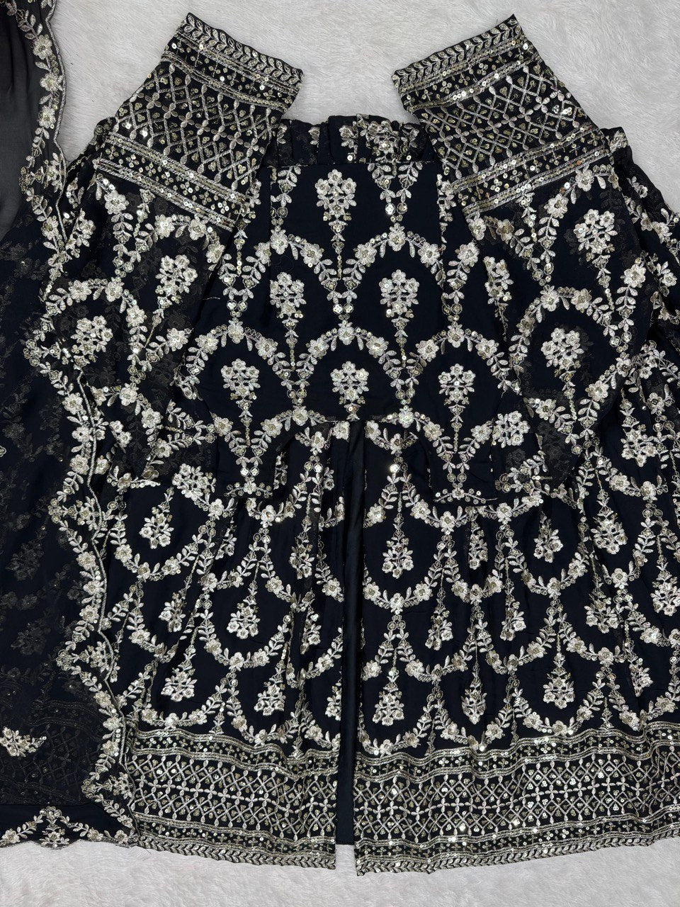 Black Elegant Faux Georgette Embroidered Suit with Micro Cotton Pant