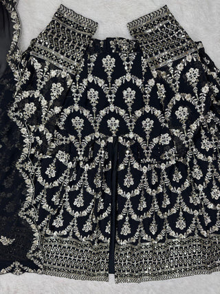Black Elegant Faux Georgette Embroidered Suit with Micro Cotton Pant