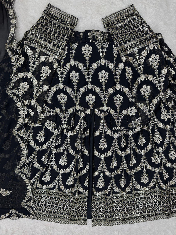 Black Elegant Faux Georgette Embroidered Suit with Micro Cotton Pant