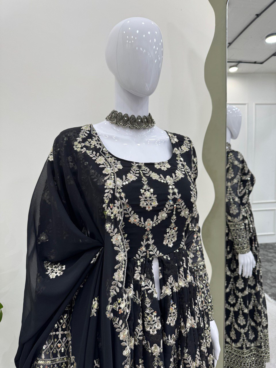 Black Elegant Faux Georgette Embroidered Suit with Micro Cotton Pant