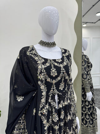 Black Elegant Faux Georgette Embroidered Suit with Micro Cotton Pant