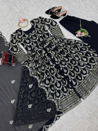 Black Elegant Faux Georgette Embroidered Suit with Micro Cotton Pant
