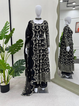 Black Elegant Faux Georgette Embroidered Suit with Micro Cotton Pant