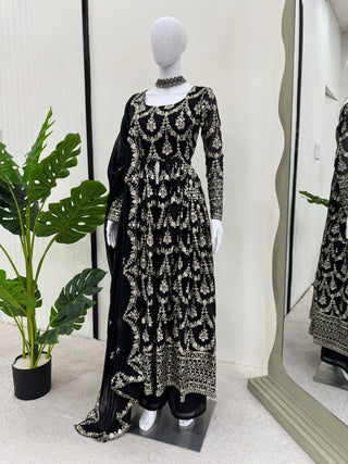 Black Elegant Faux Georgette Embroidered Suit with Micro Cotton Pant