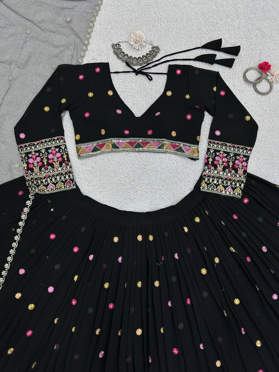 Black Elegant Faux Georgette Lehenga Choli Set with Dupatta – Semi-Stitched Thread & Sequin Work ClothsVilla