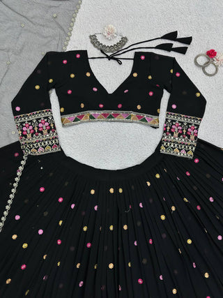 Black Elegant Faux Georgette Lehenga Choli Set with Dupatta – Semi-Stitched Thread & Sequin Work ClothsVilla
