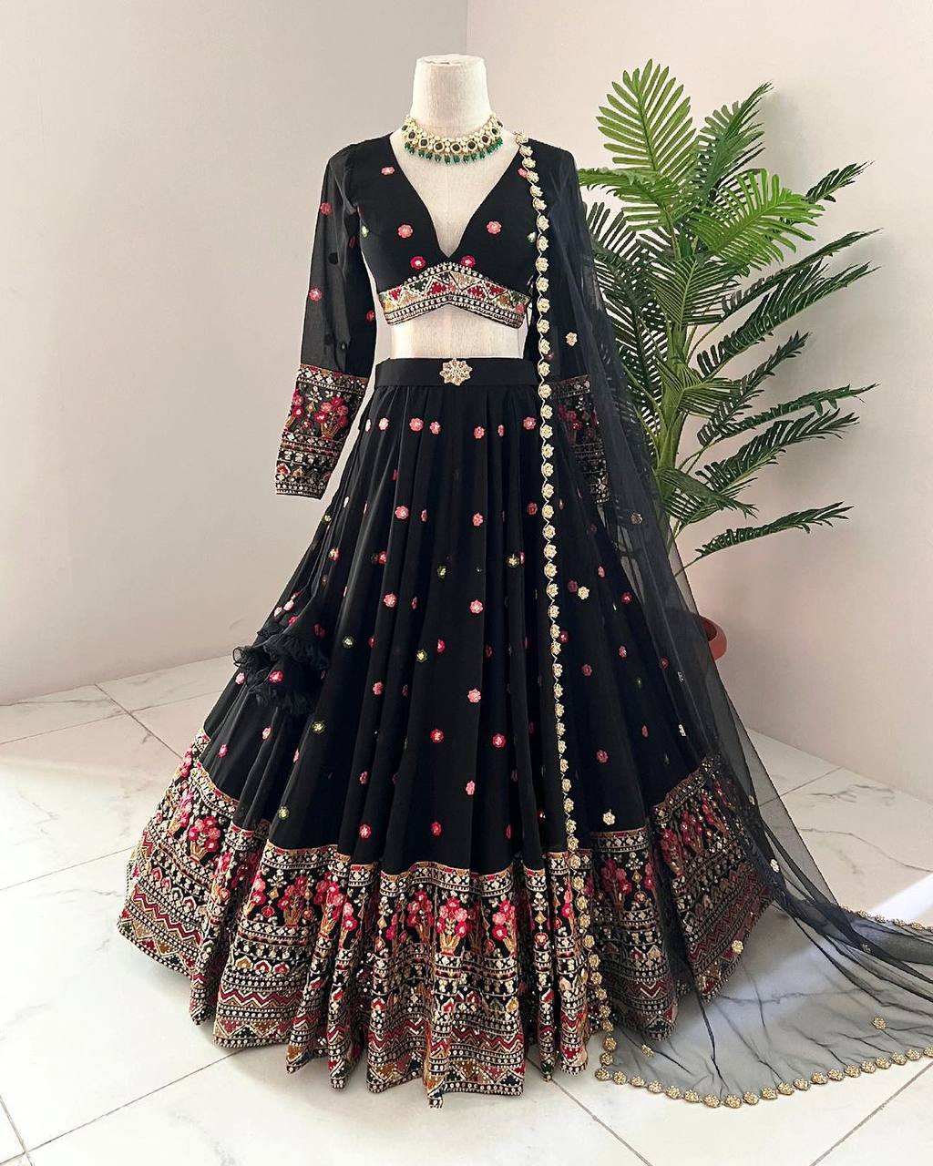 Black Elegant Faux Georgette Lehenga Choli Set with Dupatta – Semi-Stitched Thread & Sequin Work ClothsVilla