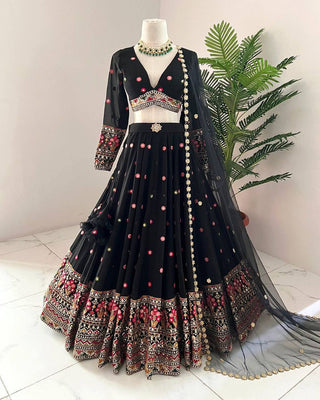Black Elegant Faux Georgette Lehenga Choli Set with Dupatta – Semi-Stitched Thread & Sequin Work ClothsVilla