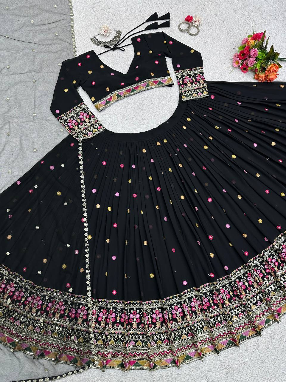 Black Elegant Faux Georgette Lehenga Choli Set with Dupatta – Semi-Stitched Thread & Sequin Work ClothsVilla