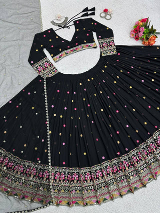 Black Elegant Faux Georgette Lehenga Choli Set with Dupatta – Semi-Stitched Thread & Sequin Work ClothsVilla