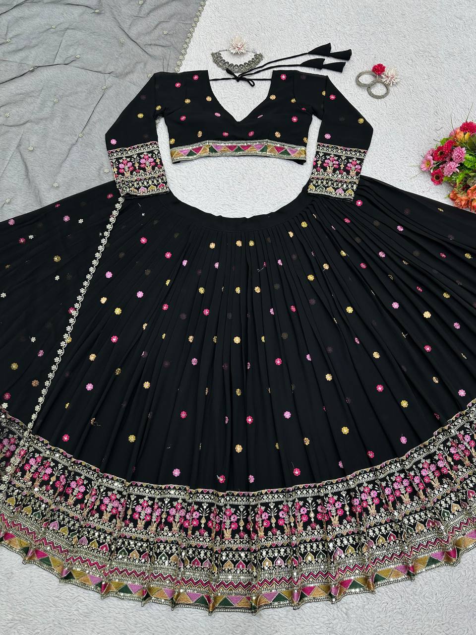Black Elegant Faux Georgette Lehenga Choli Set with Dupatta – Semi-Stitched Thread & Sequin Work ClothsVilla