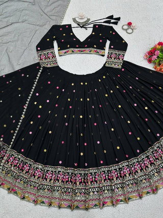 Black Elegant Faux Georgette Lehenga Choli Set with Dupatta – Semi-Stitched Thread & Sequin Work ClothsVilla