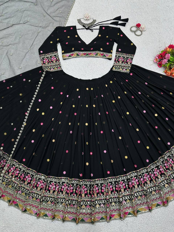 Black Elegant Faux Georgette Lehenga Choli Set with Dupatta – Semi-Stitched Thread & Sequin Work ClothsVilla