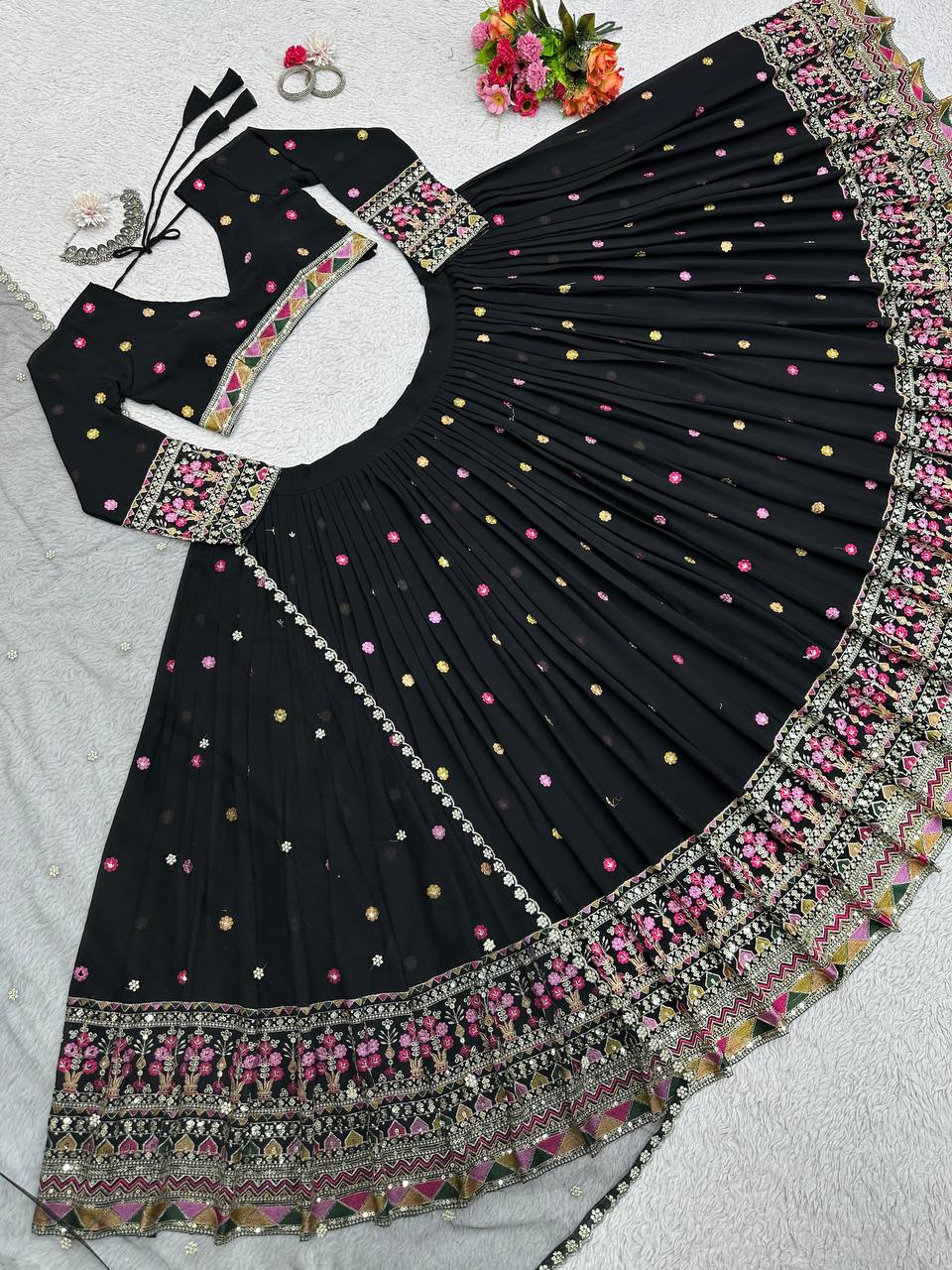 Black Elegant Faux Georgette Lehenga Choli Set with Dupatta – Semi-Stitched Thread & Sequin Work ClothsVilla