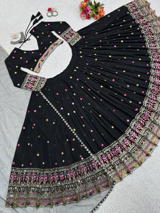 Black Elegant Faux Georgette Lehenga Choli Set with Dupatta – Semi-Stitched Thread & Sequin Work ClothsVilla