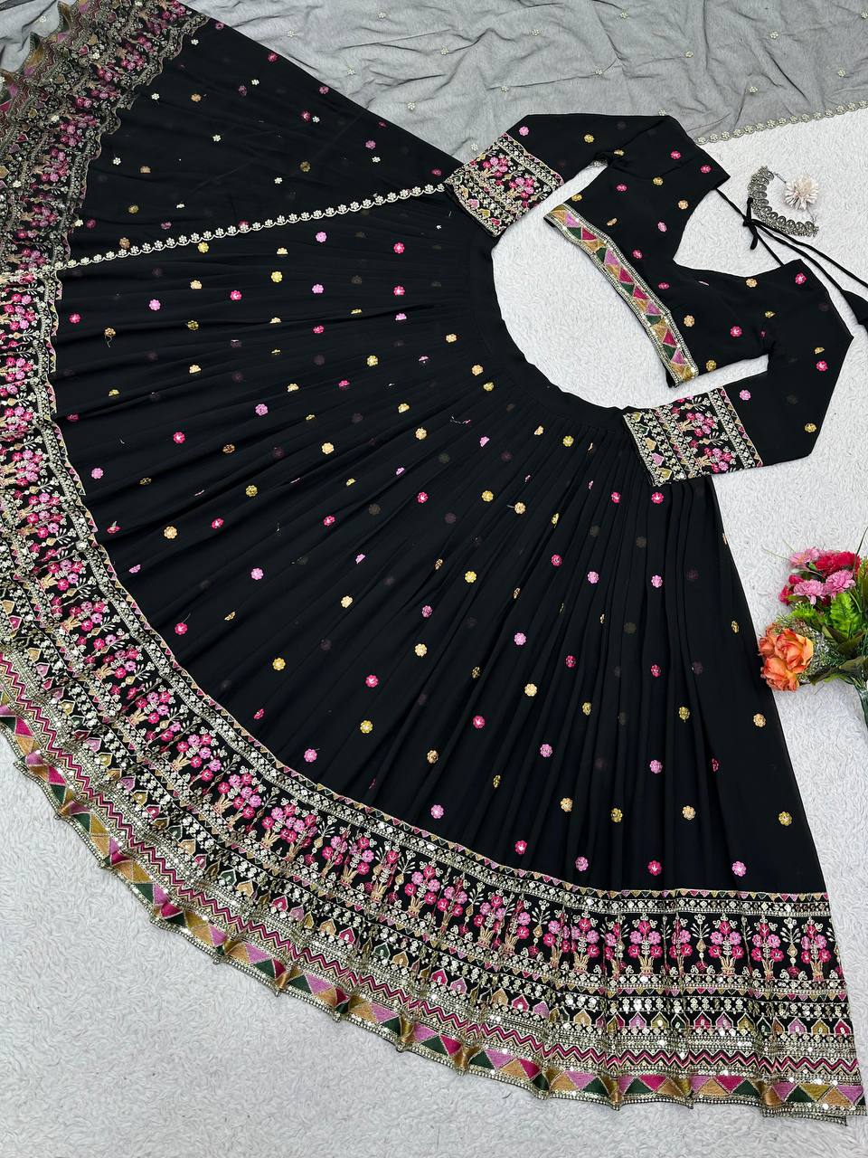 Black Elegant Faux Georgette Lehenga Choli Set with Dupatta – Semi-Stitched Thread & Sequin Work ClothsVilla