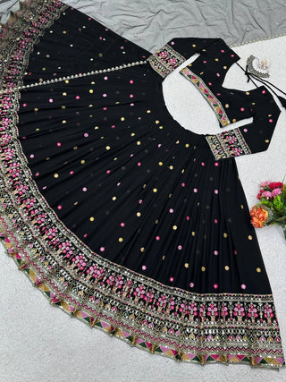 Black Elegant Faux Georgette Lehenga Choli Set with Dupatta – Semi-Stitched Thread & Sequin Work ClothsVilla