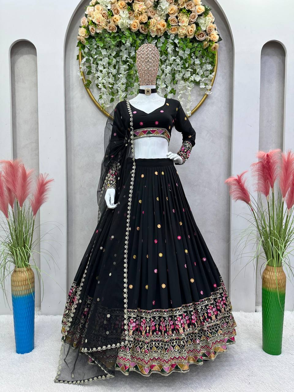 Black Elegant Faux Georgette Lehenga Choli Set with Dupatta – Semi-Stitched Thread & Sequin Work ClothsVilla Main image