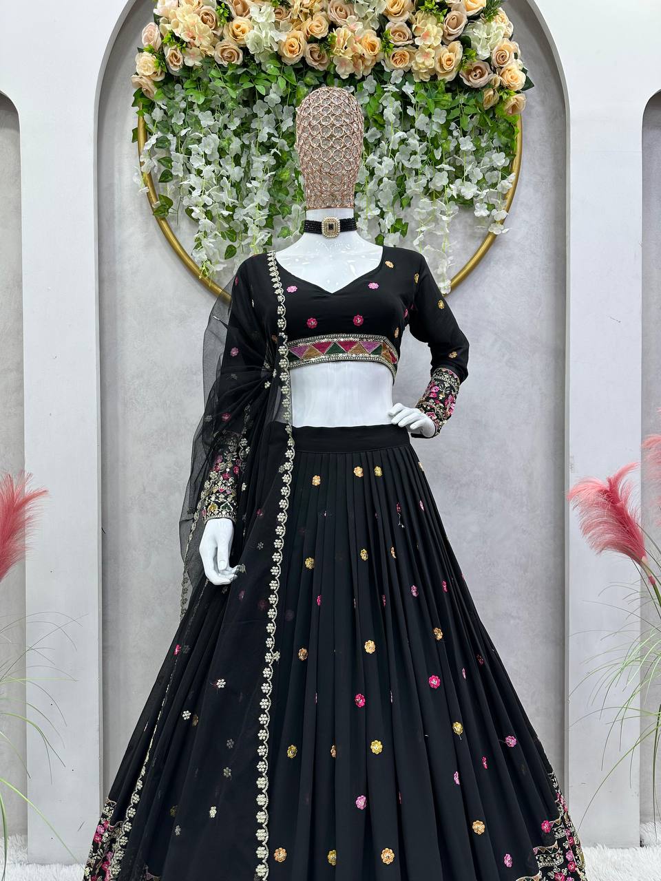 Black Elegant Faux Georgette Lehenga Choli Set with Dupatta – Semi-Stitched Thread & Sequin Work ClothsVilla