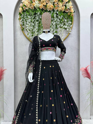 Black Elegant Faux Georgette Lehenga Choli Set with Dupatta – Semi-Stitched Thread & Sequin Work ClothsVilla
