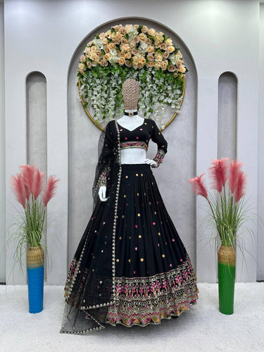Black Elegant Faux Georgette Lehenga Choli Set with Dupatta – Semi-Stitched Thread & Sequin Work ClothsVilla