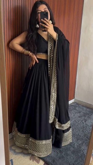Black Elegant Faux Georgette Lehenga Choli Set with Sequins & Lace Dupatta ClothsVilla