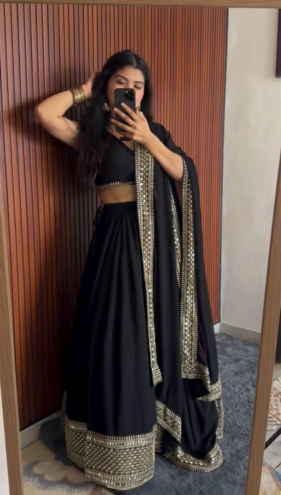 Black Elegant Faux Georgette Lehenga Choli Set with Sequins & Lace Dupatta ClothsVilla