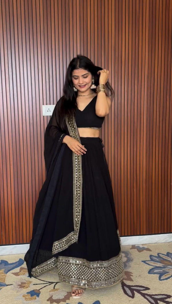 Black Elegant Faux Georgette Lehenga Choli Set with Sequins & Lace Dupatta ClothsVilla