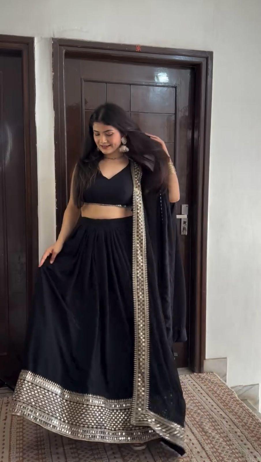 Black Elegant Faux Georgette Lehenga Choli Set with Sequins & Lace Dupatta ClothsVilla