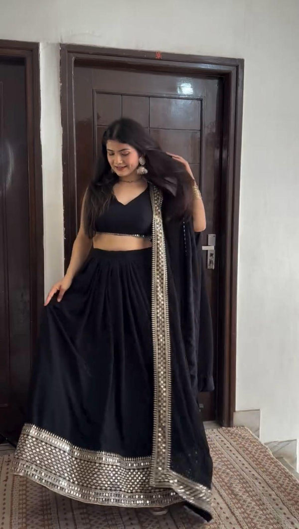 Black Elegant Faux Georgette Lehenga Choli Set with Sequins & Lace Dupatta ClothsVilla