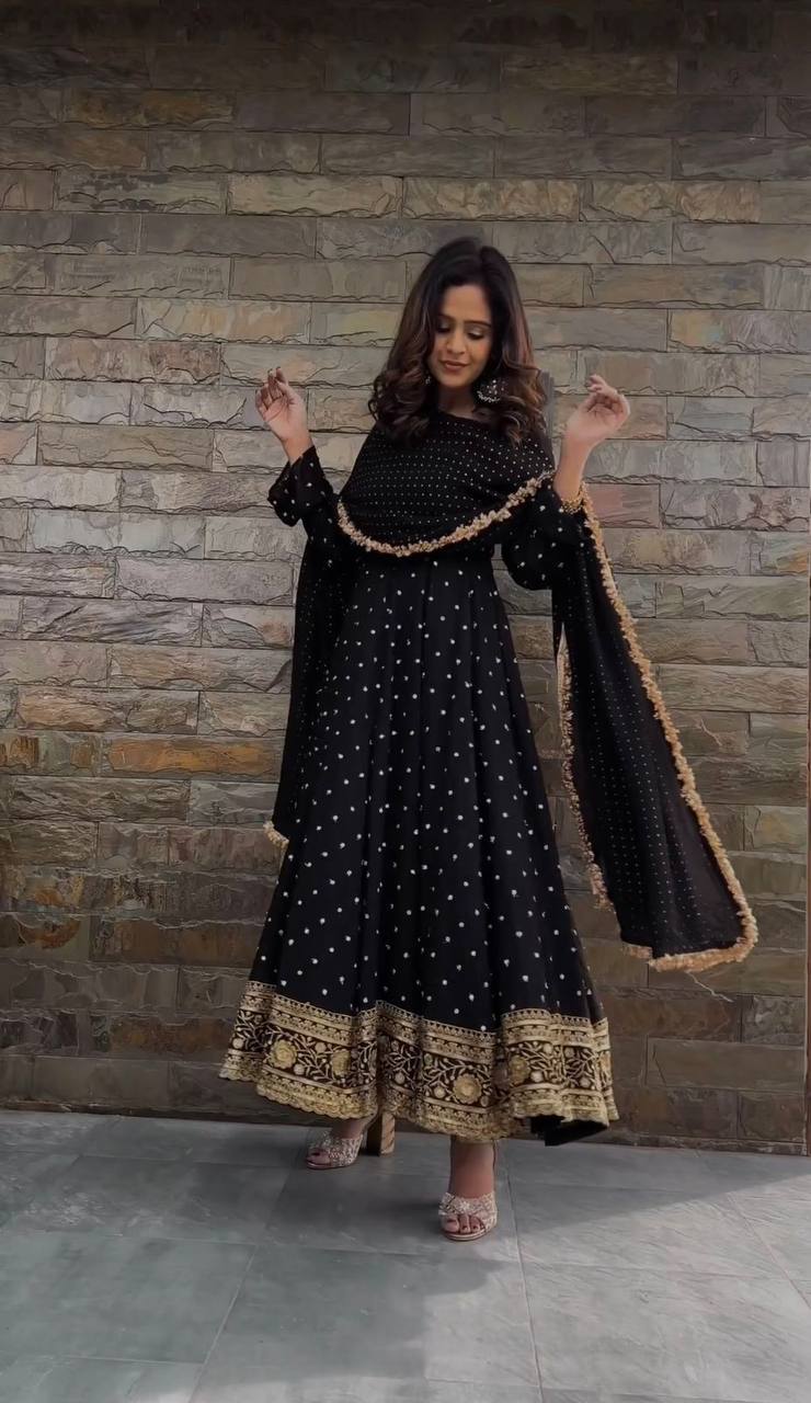Black Elegant Faux Georgette Long Gown Set with Dupatta Clothsvilla