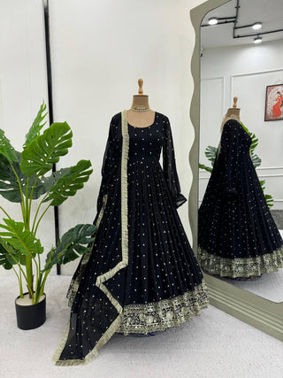Black Elegant Faux Georgette Long Gown Set with Dupatta Clothsvilla