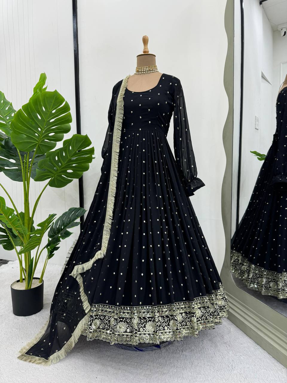 Black Elegant Faux Georgette Long Gown Set with Dupatta Clothsvilla