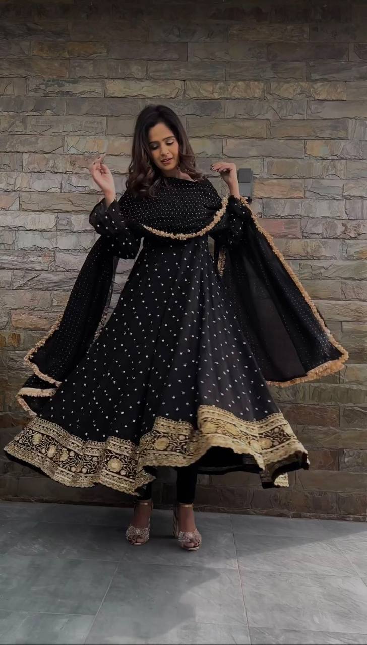 Black Elegant Faux Georgette Long Gown Set with Dupatta Clothsvilla