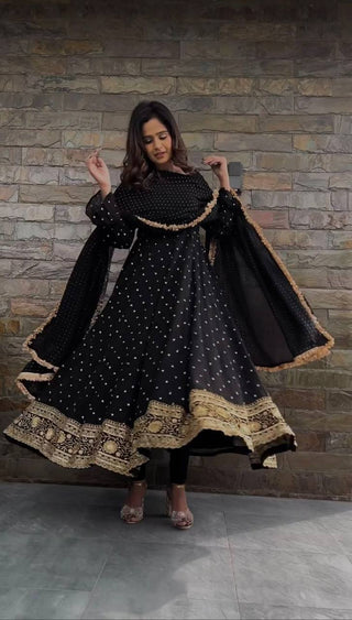 Black Elegant Faux Georgette Long Gown Set with Dupatta Clothsvilla