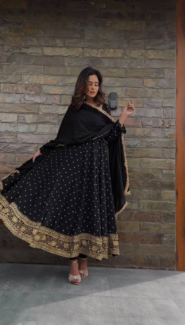 Black Elegant Faux Georgette Long Gown Set with Dupatta Clothsvilla