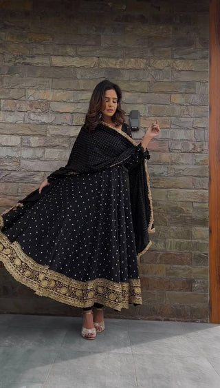 Black Elegant Faux Georgette Long Gown Set with Dupatta Clothsvilla
