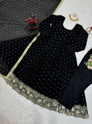 Black Elegant Faux Georgette Long Gown Set with Dupatta Clothsvilla