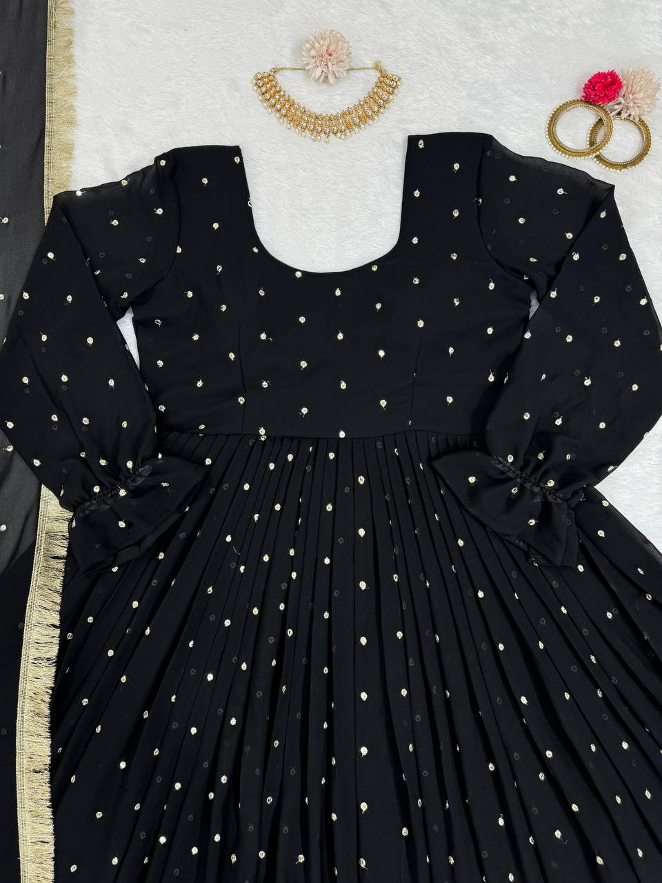 Black Elegant Faux Georgette Long Gown Set with Dupatta Clothsvilla