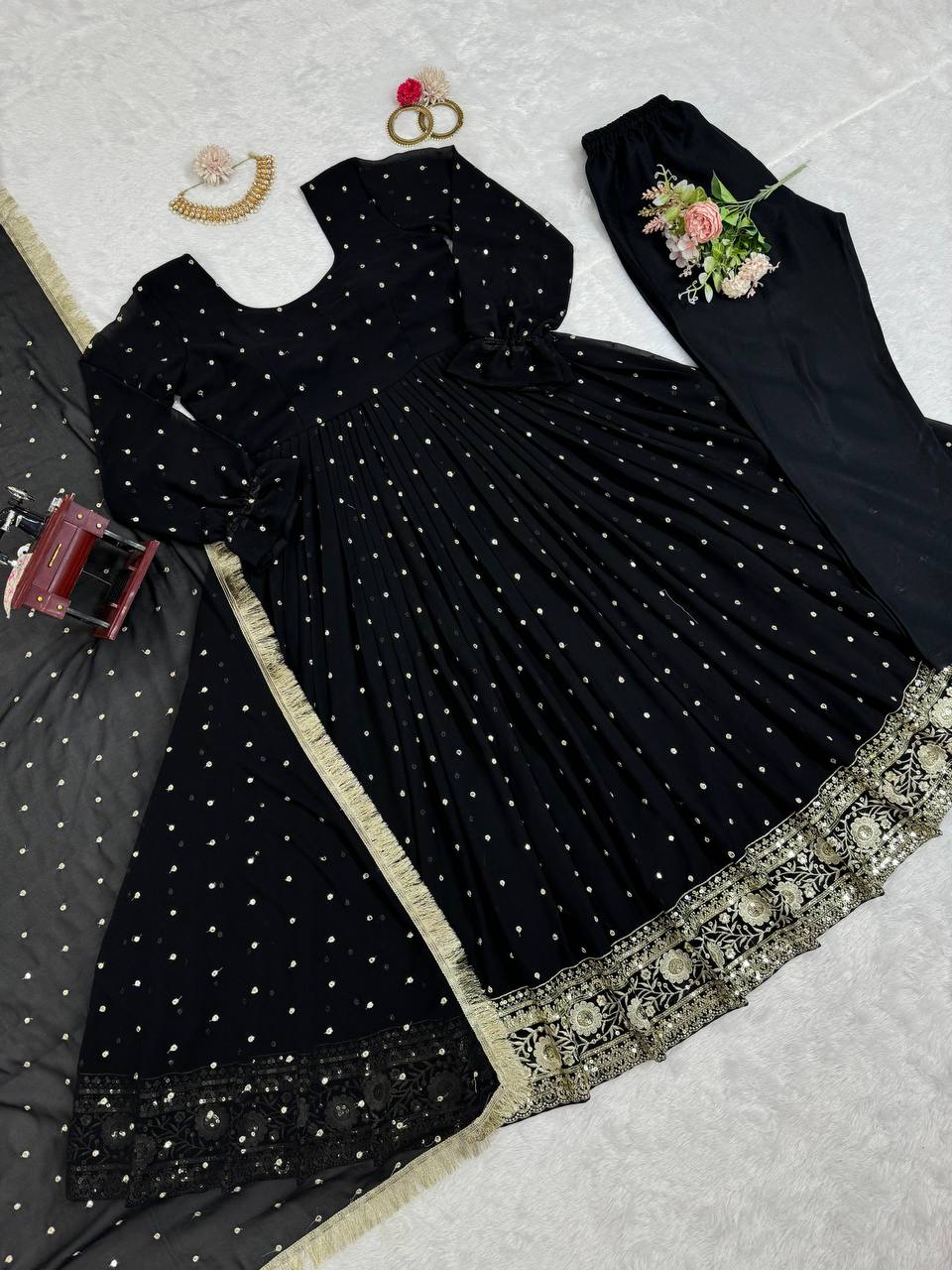 Black Elegant Faux Georgette Long Gown Set with Dupatta Clothsvilla