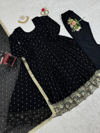 Black Elegant Faux Georgette Long Gown Set with Dupatta Clothsvilla