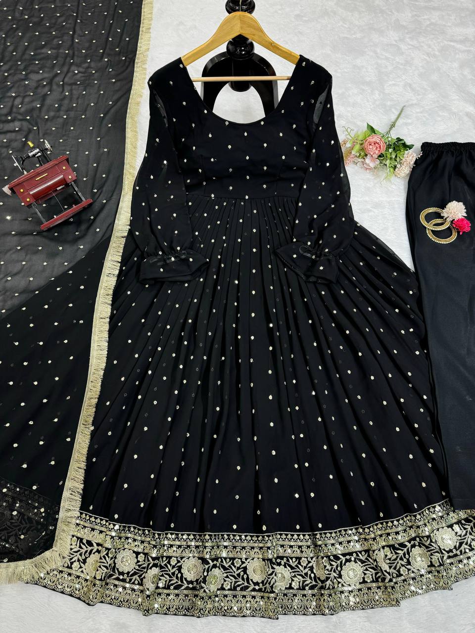 Black Elegant Faux Georgette Long Gown Set with Dupatta Clothsvilla