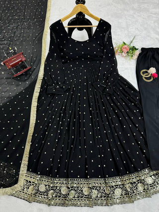 Black Elegant Faux Georgette Long Gown Set with Dupatta Clothsvilla