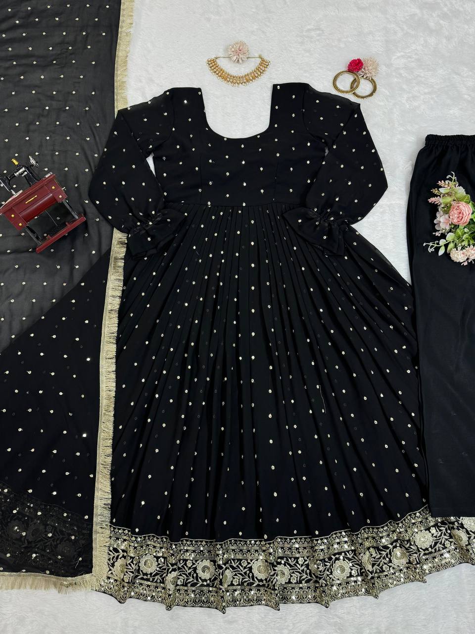 Black Elegant Faux Georgette Long Gown Set with Dupatta Clothsvilla