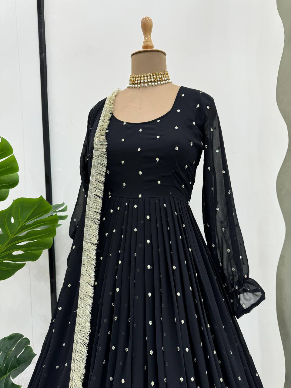 Black Elegant Faux Georgette Long Gown Set with Dupatta Clothsvilla
