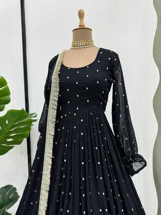 Black Elegant Faux Georgette Long Gown Set with Dupatta Clothsvilla