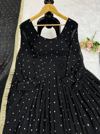 Black Elegant Faux Georgette Long Gown Set with Dupatta Clothsvilla